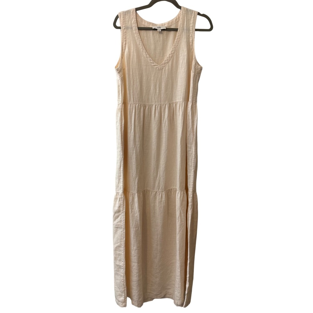 SAUTHS Linen Blend Tiered Maxi Dress Cream V Neck Sleeveless M‎